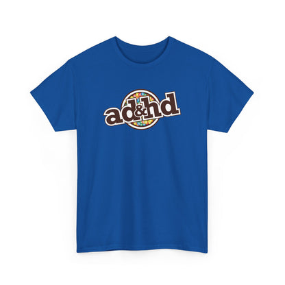 ADHD m&m Brand Parody T-Shirt in Royal Blue. Part of the Vivid Divergence Range. Everyday Products That Celebrate Your Neurospicy.
