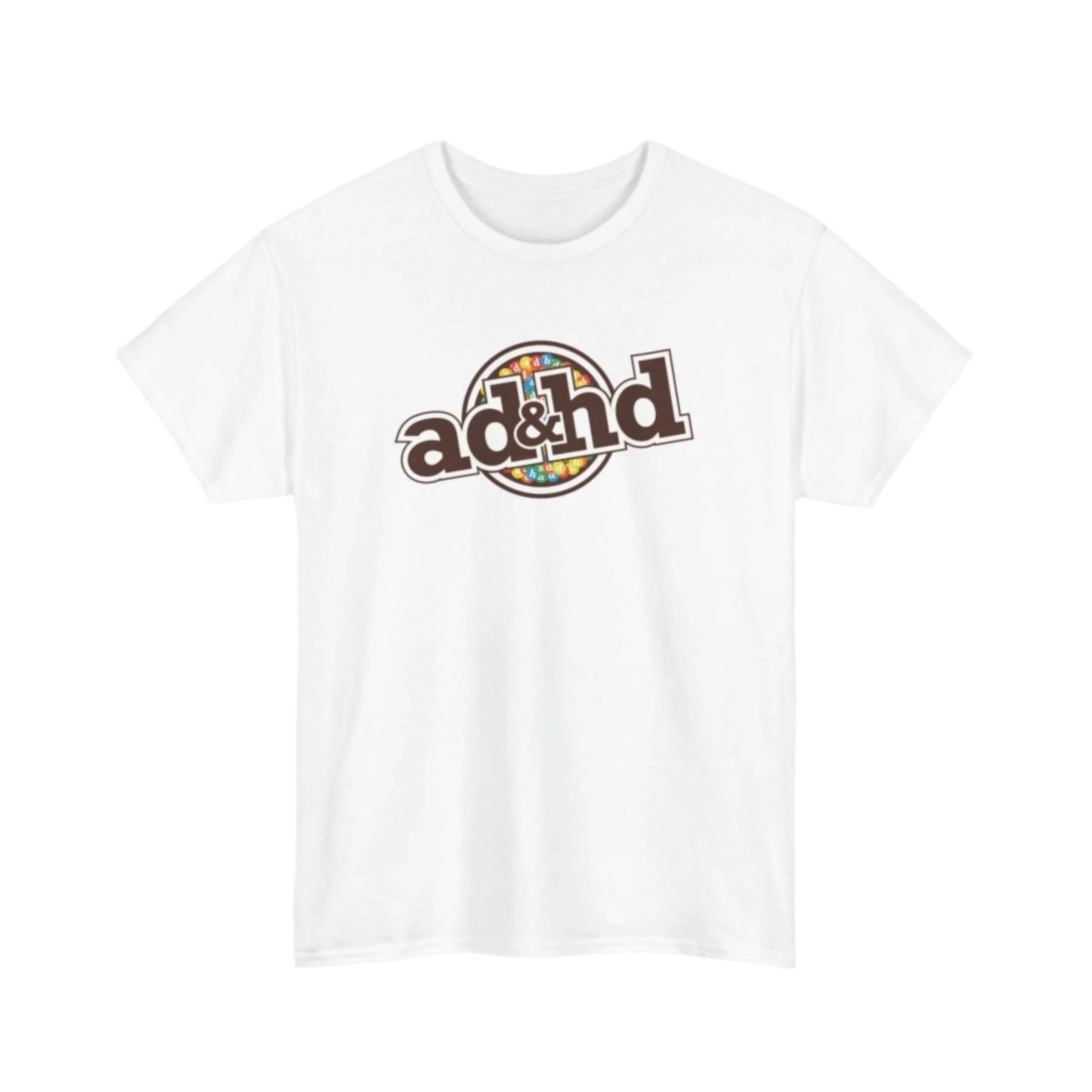 ADHD m&m Brand Parody T-Shirt in White. Part of the Vivid Divergence Range. Everyday Products That Celebrate Your Neurospicy.