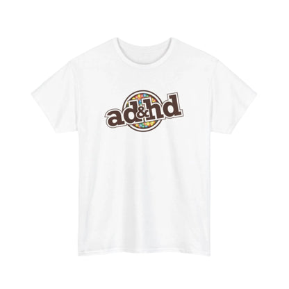 ADHD m&m Brand Parody T-Shirt in White. Part of the Vivid Divergence Range. Everyday Products That Celebrate Your Neurospicy.