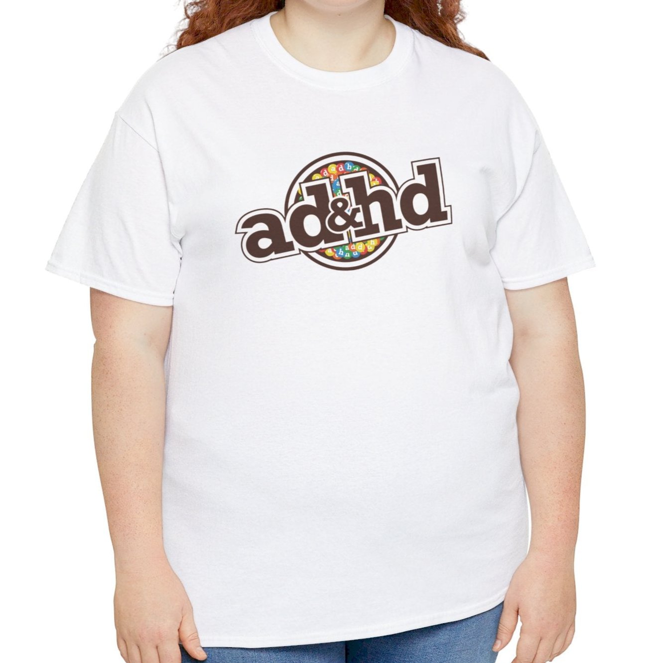 Woman Wearing Unisex ADHD m&m Brand Parody T-Shirt in White. Part of the Vivid Divergence Range. Everyday Products That Celebrate Your Neurospicy.