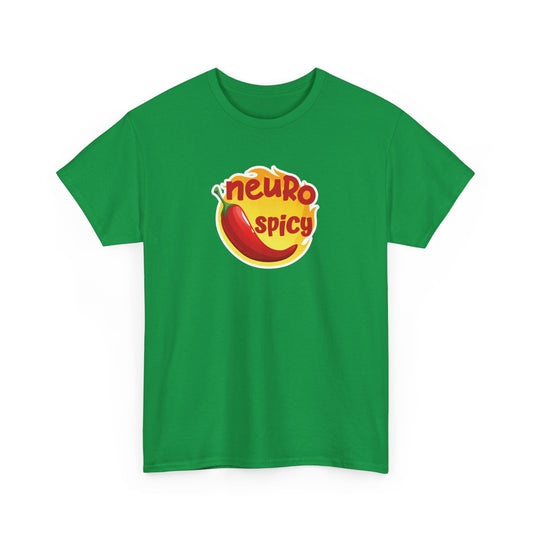 Irish Green T-Shirt with Neurospicy hot chilli graphic. This shirt perfectly celebrates your own neurodivergence, or your loved ones who are neuro sparkly in a simple, classy and sleek way.  A great gift for your ADHD, Autistic and Neurodivergent friends and loved ones. Part of the Vivid Divergence Range.