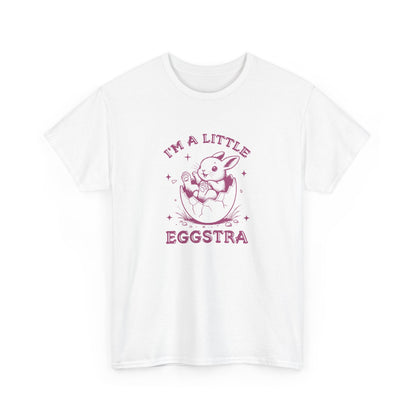 White Easter T-shirt with a playful bunny and "I'm A Little Eggstra" text in a pink design, a stylish and fun choice. Hop into the season in style and shop Easter shirts online today!