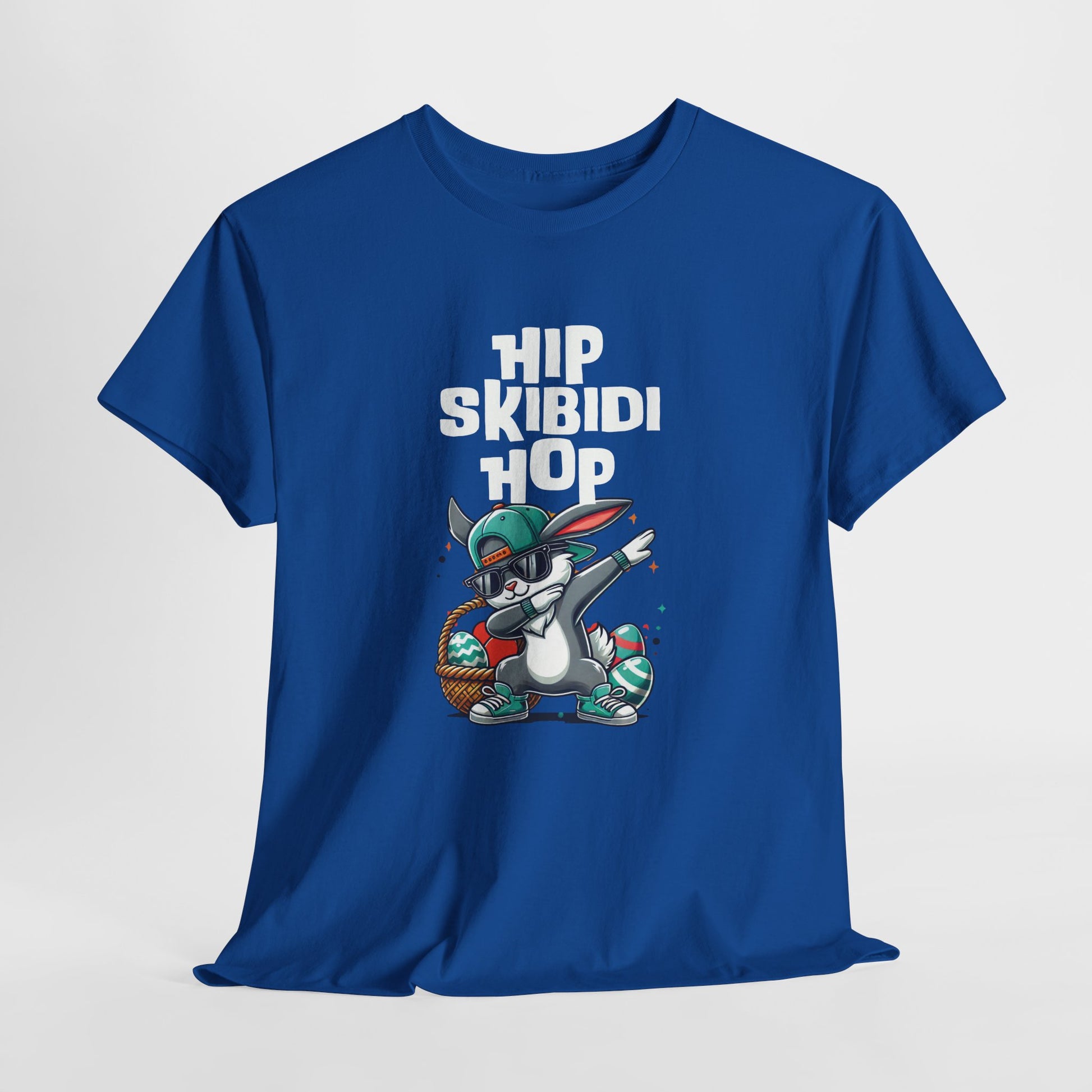 Hanging view of a royal blue T-shirt featuring a dabbing Easter bunny and "Hip Skibidi Hop" text. A trendy meme-style shirt with skibidi rizz vibes. Part of the Vivid Divergence Sensory Friendly. 