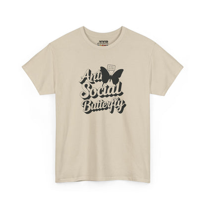 Beige T-shirt with bold black butterfly and hand-lettered text “Anti-Social Butterfly.” The introvert’s uniform. Part of the Vivid Divergence Memewear Collection!
