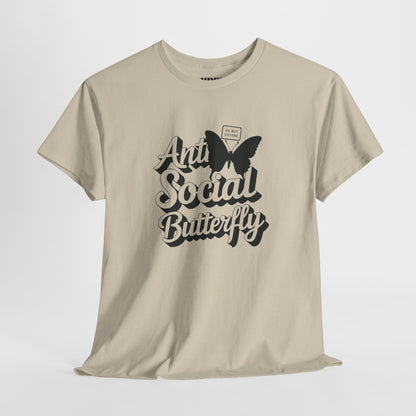 Beige T-shirt with bold black butterfly and hand-lettered text “Anti-Social Butterfly.” The introvert’s uniform. Part of the Vivid Divergence Memewear Collection!
