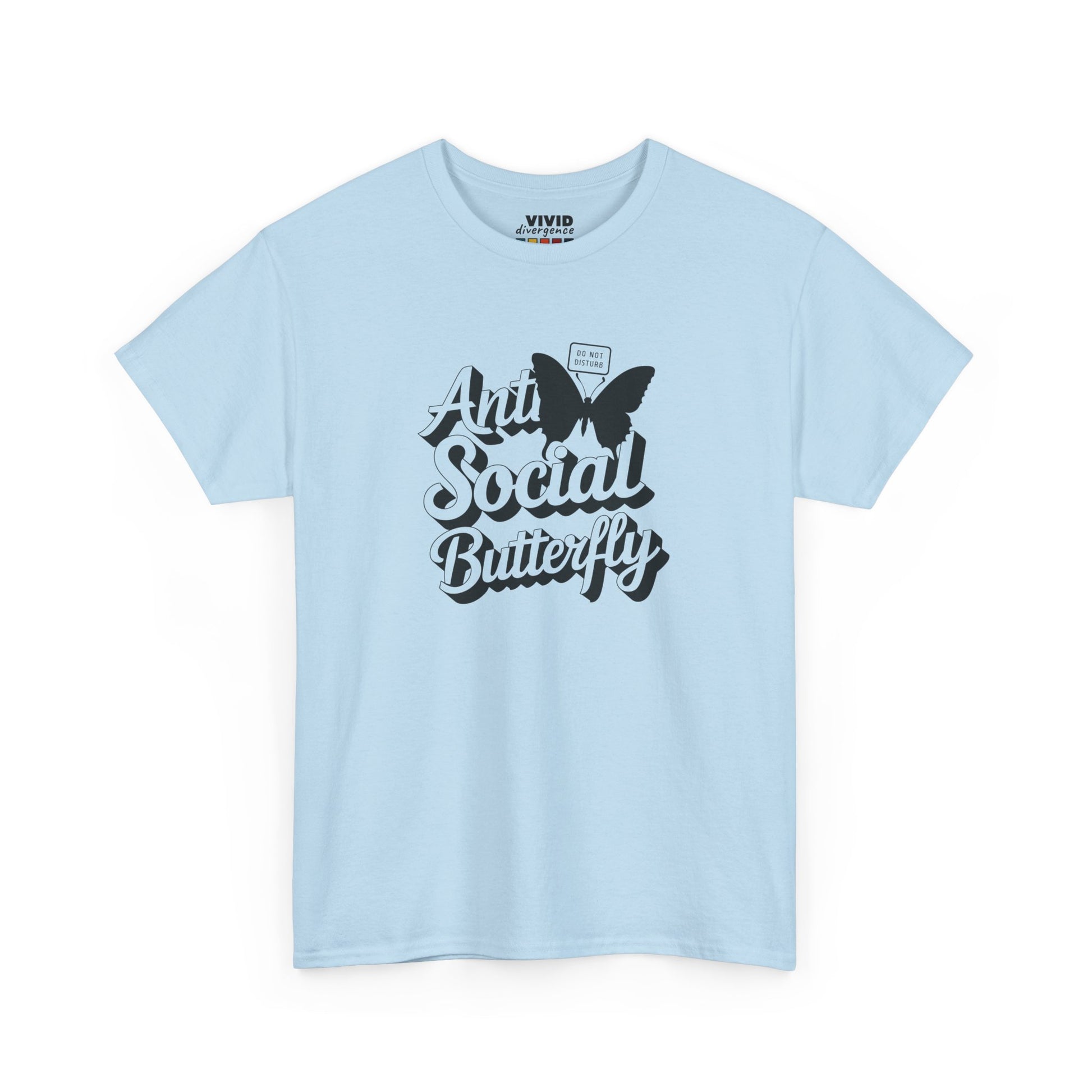 Front view of light blue T-shirt featuring black butterfly graphic and curly text that reads "Anti-Social Butterfly." Cute, quiet, and not coming to your party. Part of the Vivid Divergence Memewear Collection!
