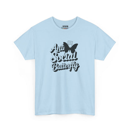 Front view of light blue T-shirt featuring black butterfly graphic and curly text that reads "Anti-Social Butterfly." Cute, quiet, and not coming to your party. Part of the Vivid Divergence Memewear Collection!
