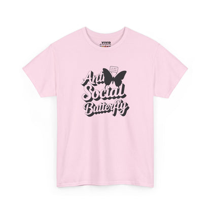 Front view of light pink T-shirt featuring black butterfly graphic and curly text that reads "Anti-Social Butterfly." Cute, quiet, and not coming to your party. Part of the Vivid Divergence Memewear Collection!
