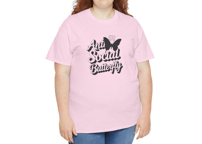 Woman modeling light pink Anti-Social Butterfly T-shirt with casual smile. Outgoing energy? Not today. Part of the Vivid Divergence Memewear Collection!
