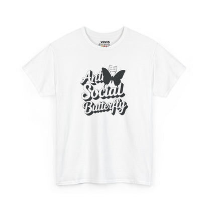 Front view of white T-shirt featuring black butterfly graphic and curly text that reads "Anti-Social Butterfly." Cute, quiet, and not coming to your party. Part of the Vivid Divergence Memewear Collection!
