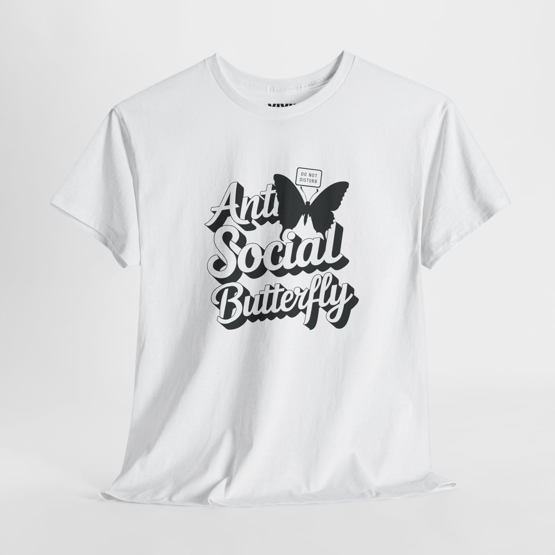 White T-shirt with bold black butterfly and hand-lettered text “Anti-Social Butterfly.” The introvert’s uniform. Part of the Vivid Divergence Memewear Collection!
