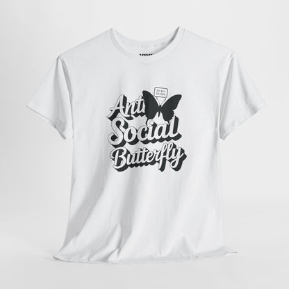 White T-shirt with bold black butterfly and hand-lettered text “Anti-Social Butterfly.” The introvert’s uniform. Part of the Vivid Divergence Memewear Collection!
