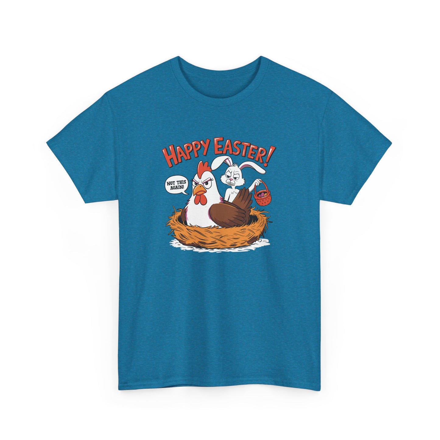 Antique Sapphire Easter T-shirt featuring a guilty-looking bunny in a hen’s nest, adding humor and charm to Easter fashion. Hop into the season in style and shop Easter shirts online today!
