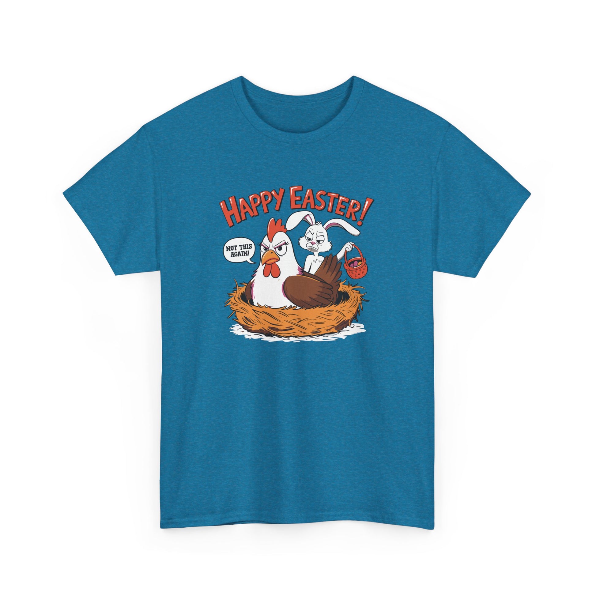 Antique Sapphire Easter T-shirt featuring a guilty-looking bunny in a hen’s nest, adding humor and charm to Easter fashion. Hop into the season in style and shop Easter shirts online today!

