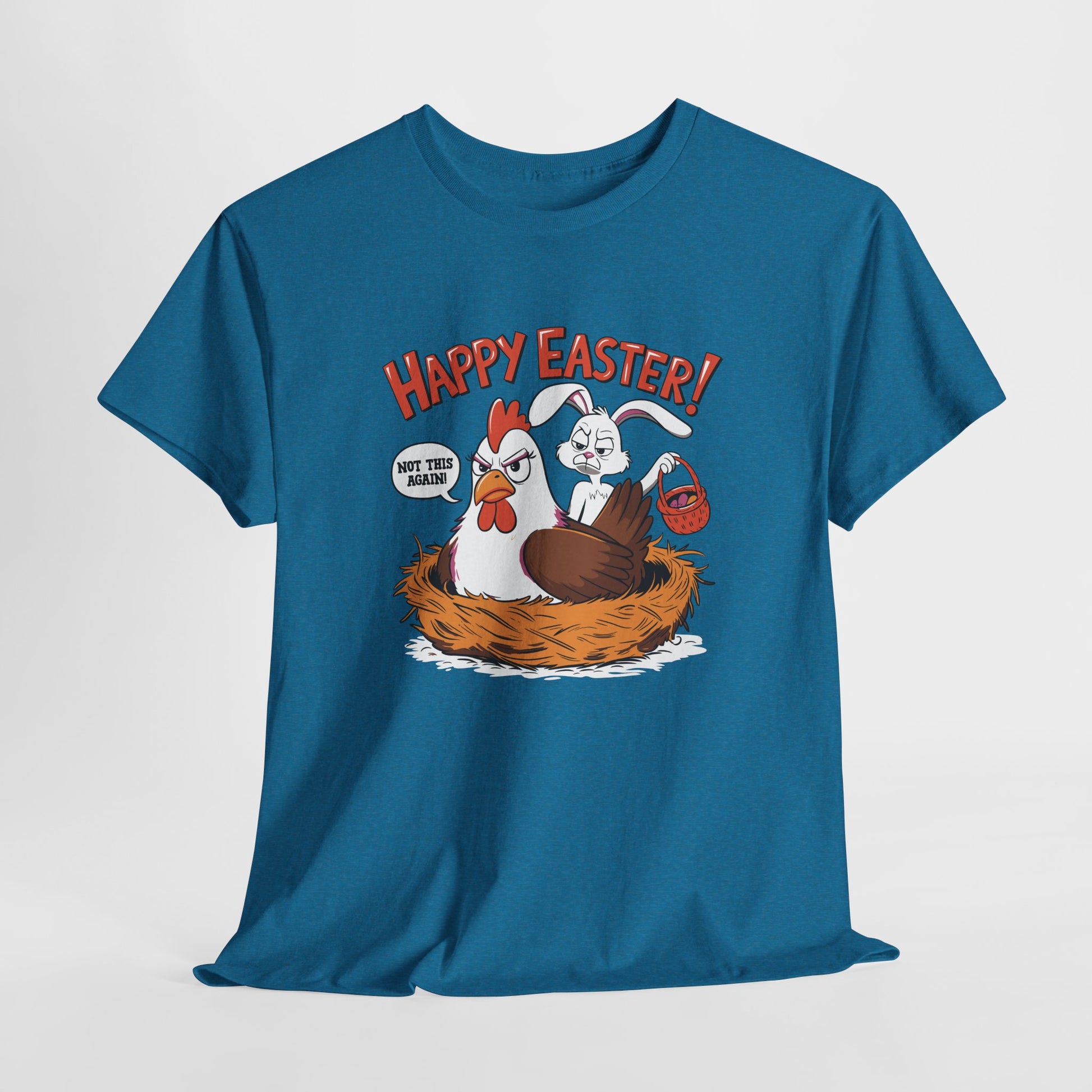 Antique Sapphire T-shirt hanging, decorated with a funny Easter scene of a hen catching the mischievous bunny in a nest, perfect for humor lovers. Hop into the season in style and shop Easter shirts online today!
