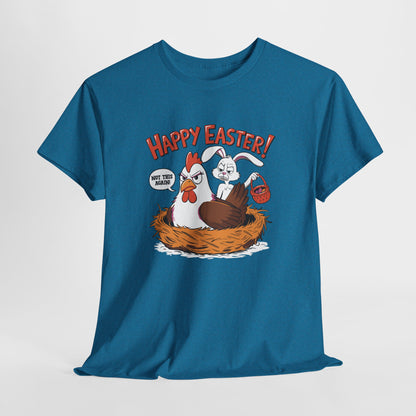 Antique Sapphire T-shirt hanging, decorated with a funny Easter scene of a hen catching the mischievous bunny in a nest, perfect for humor lovers. Hop into the season in style and shop Easter shirts online today!

