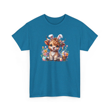 Antique Sapphire Easter T-shirt featuring a Highland cow with bunny ears, surrounded by pastel eggs and flowers, a perfect blend of rustic and festive charm. Hop into the season in style and shop Easter shirts online today!