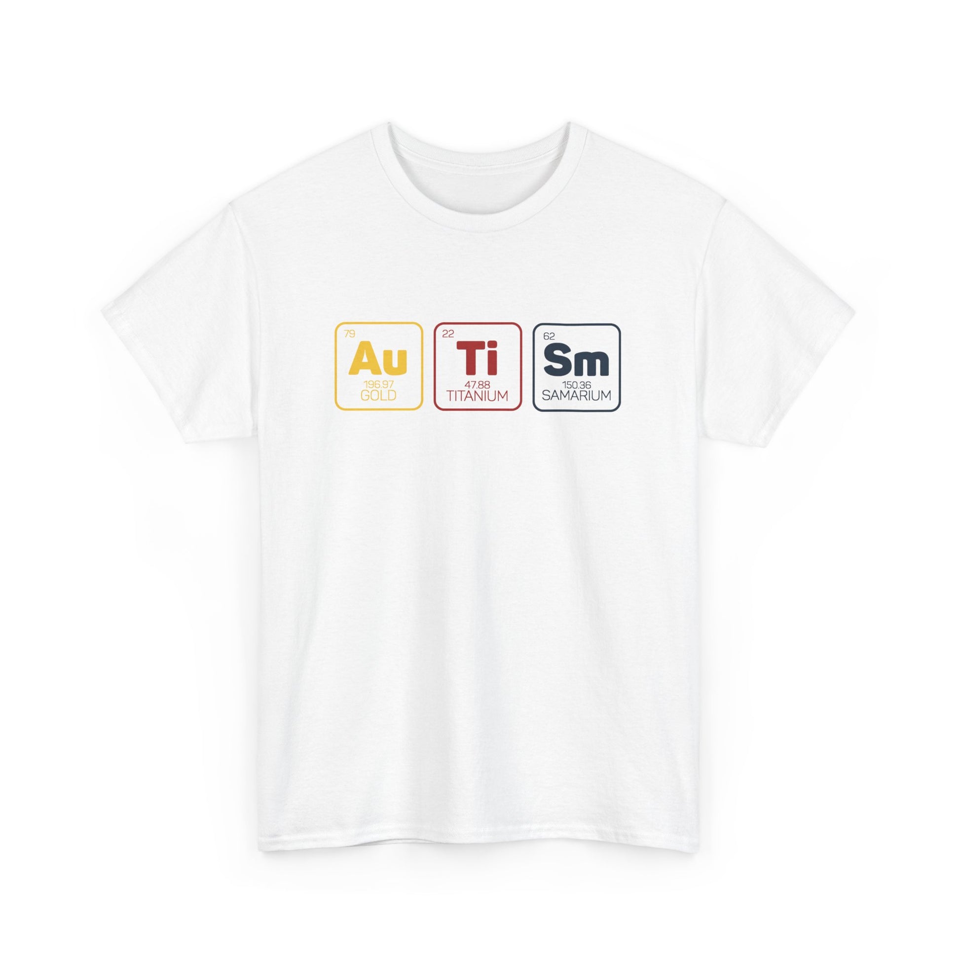 Flat-lay of a white "Au Ti Sm" periodic table Autism T-shirt on a plain background. Part of the Vivid Divergence Sensory Friendly Unisex Tees Range.