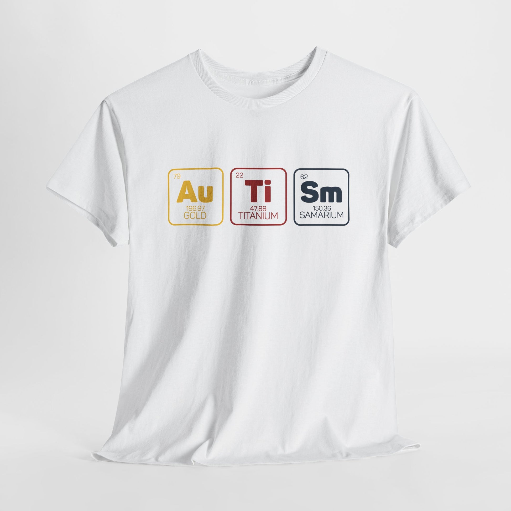 Front view of a white T-shirt featuring "Au Ti Sm" in periodic table-style design, representing Autism. Part of the Vivid Divergence Sensory Friendly Unisex Tees Range.