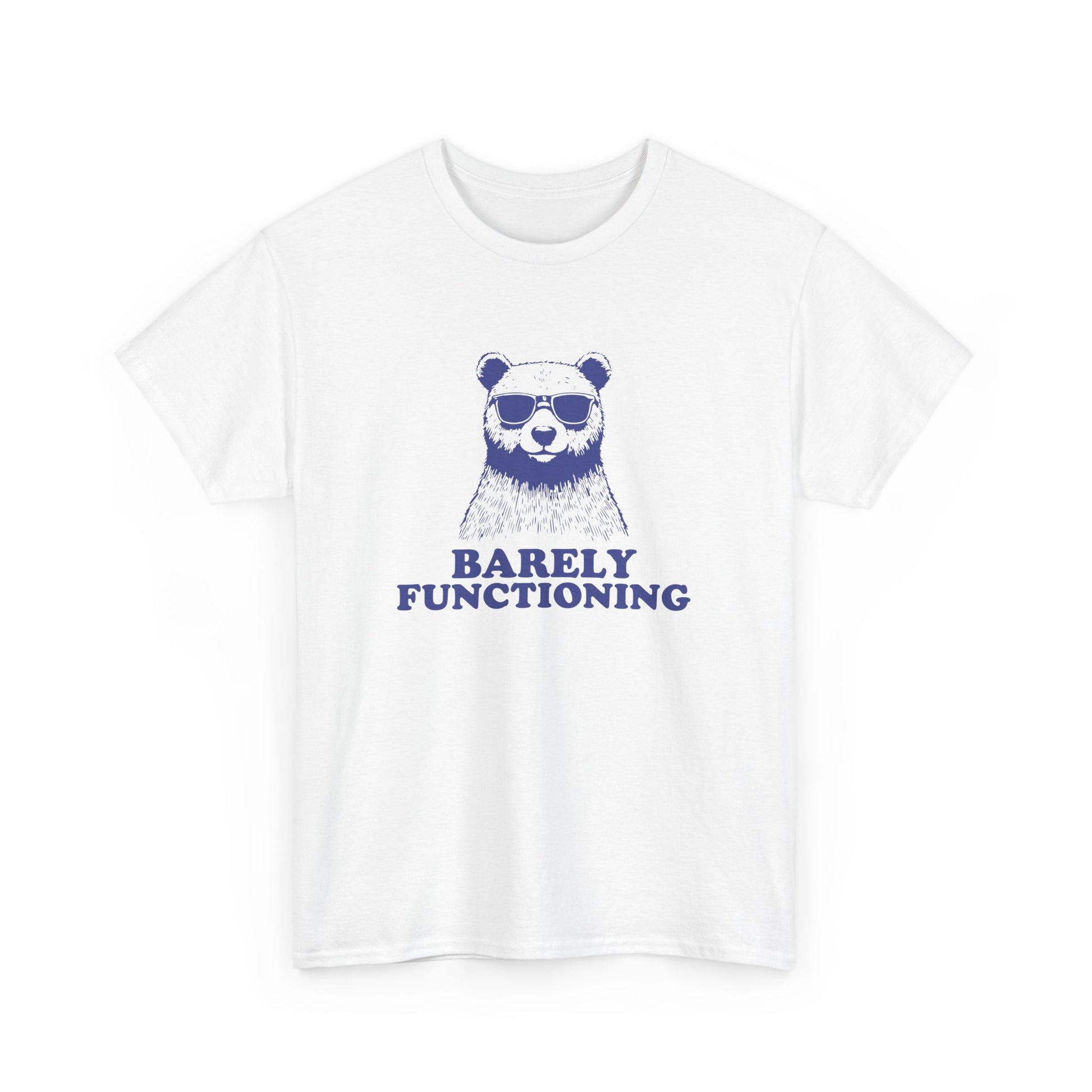 Front view of a white T-shirt with a blue bear graphic and "Barely Functioning" text. Part of the Vivid Divergence Sensory Friendly Unisex Tees Range.