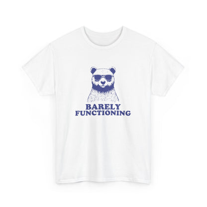 Front view of a white T-shirt with a blue bear graphic and "Barely Functioning" text. Part of the Vivid Divergence Sensory Friendly Unisex Tees Range.