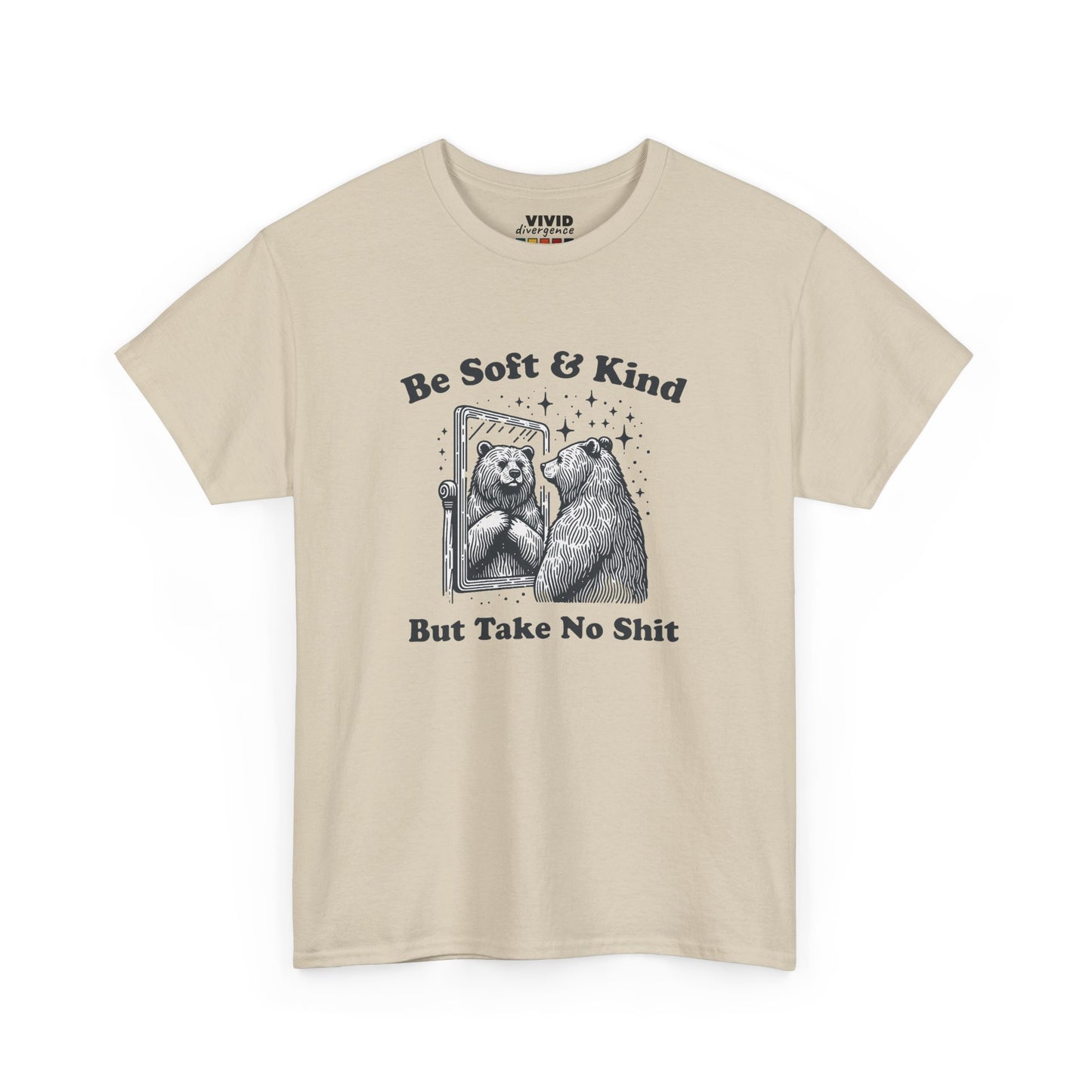 Flat lay of beige T-shirt with bold bear graphic and empowering phrase. For softies with boundaries. Part of the Vivid Divergence Memewear Collection!
