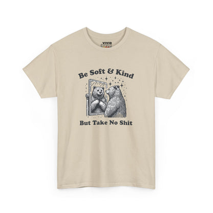 Flat lay of beige T-shirt with bold bear graphic and empowering phrase. For softies with boundaries. Part of the Vivid Divergence Memewear Collection!
