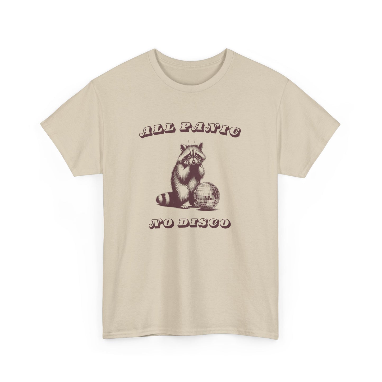 Front view of a beige T-shirt featuring the text "All Panic No Disco" with a raccoon illustration. Part of the Vivid Divergence Sensory Friendly Unisex Tees Range.