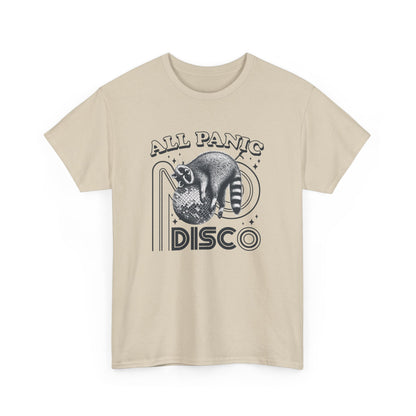 Front view of a beige T-shirt featuring "All Panic No Disco" text with a raccoon illustration inside a disco ball. Part of the Vivid Divergence Sensory Friendly Unisex Tees Range.