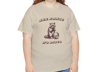 Modeled view of a beige T-shirt featuring the text "All Panic No Disco" and a raccoon illustration, worn by a model. Part of the Vivid Divergence Sensory Friendly Unisex Tees Range.