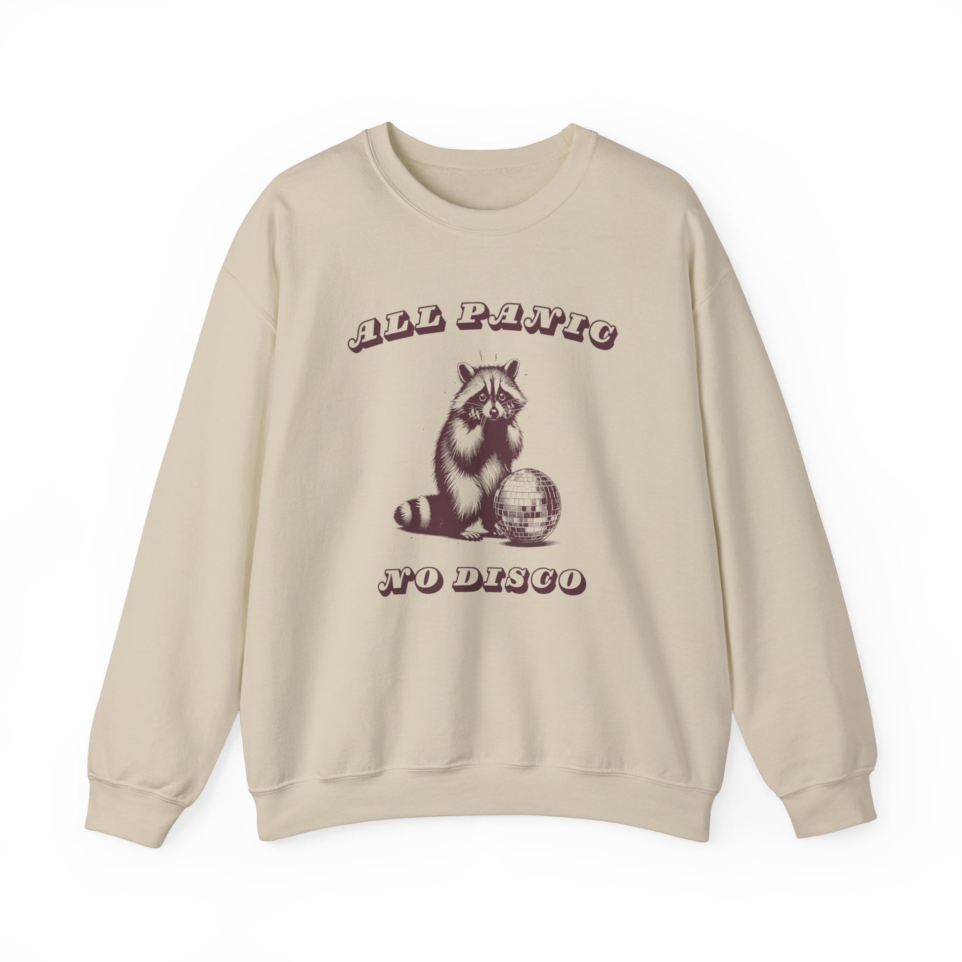 Front view of a beige sweater jumper with a "All Panic No Disco" design featuring a raccoon illustration. Part of the Vivid Divergence Sensory Friendly Unisex Sweater Jumper Range.