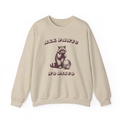 Front view of a beige sweater jumper with a "All Panic No Disco" design featuring a raccoon illustration. Part of the Vivid Divergence Sensory Friendly Unisex Sweater Jumper Range.