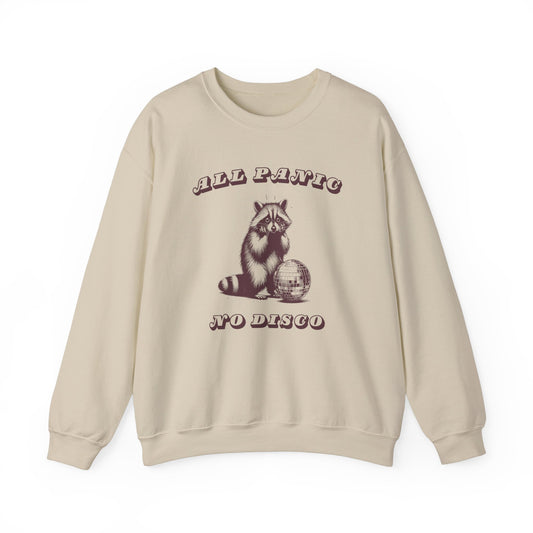Front view of a beige sweater jumper with a "All Panic No Disco" design featuring a raccoon illustration. Part of the Vivid Divergence Sensory Friendly Unisex Sweater Jumper Range.