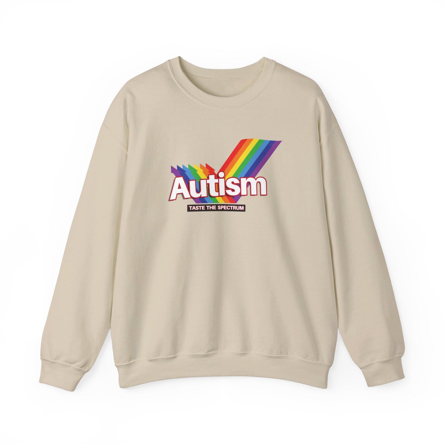Front view of a beige sweater jumper with an "Autism" Skittles brand parody design featuring rainbow stripes. Part of the Vivid Divergence Sensory Friendly Unisex Sweater Jumper Range.