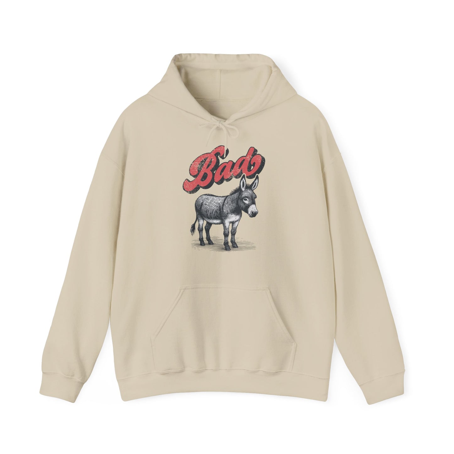 Front view of a beige hoodie featuring the word "Bad" in bold red letters followed by a detailed illustration of a donkey, playfully implying "Bad Ass." Part of the Vivid Divergence Sensory Friendly Unisex Hoodie Range.