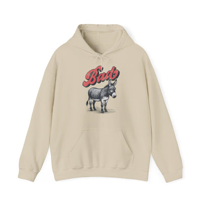 Front view of a beige hoodie featuring the word "Bad" in bold red letters followed by a detailed illustration of a donkey, playfully implying "Bad Ass." Part of the Vivid Divergence Sensory Friendly Unisex Hoodie Range.