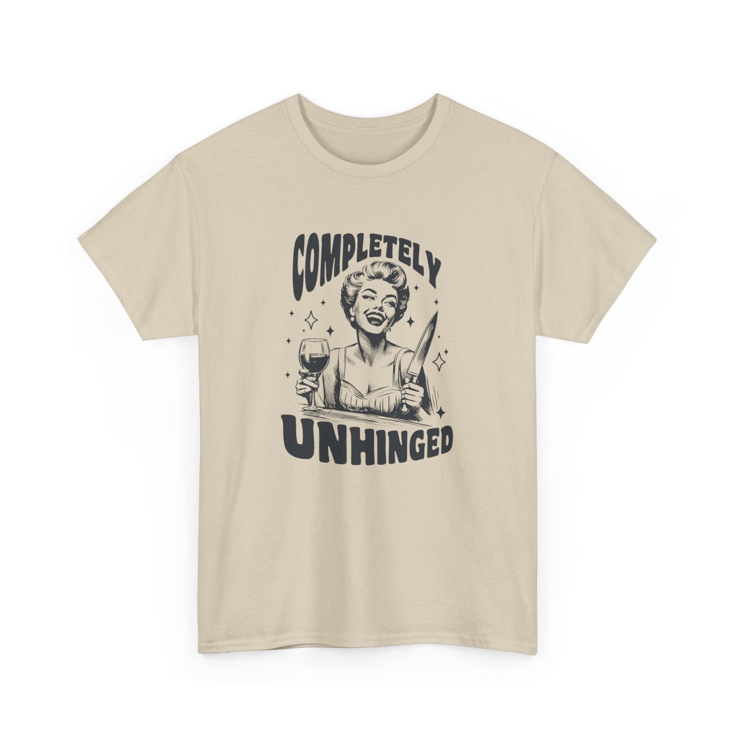 Model wearing a beige T-shirt with "Completely Unhinged" text and graphic design. Part of the Vivid Divergence Sensory Friendly Unisex Tees Range.