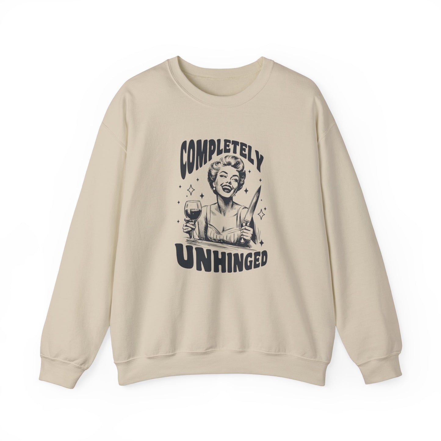 Front view of a beige sweatshirt featuring a graphic of a woman holding a knife and a glass of wine with the text "Completely Unhinged." Part of the Vivid Divergence Sensory Friendly Unisex Sweater Jumper Range.