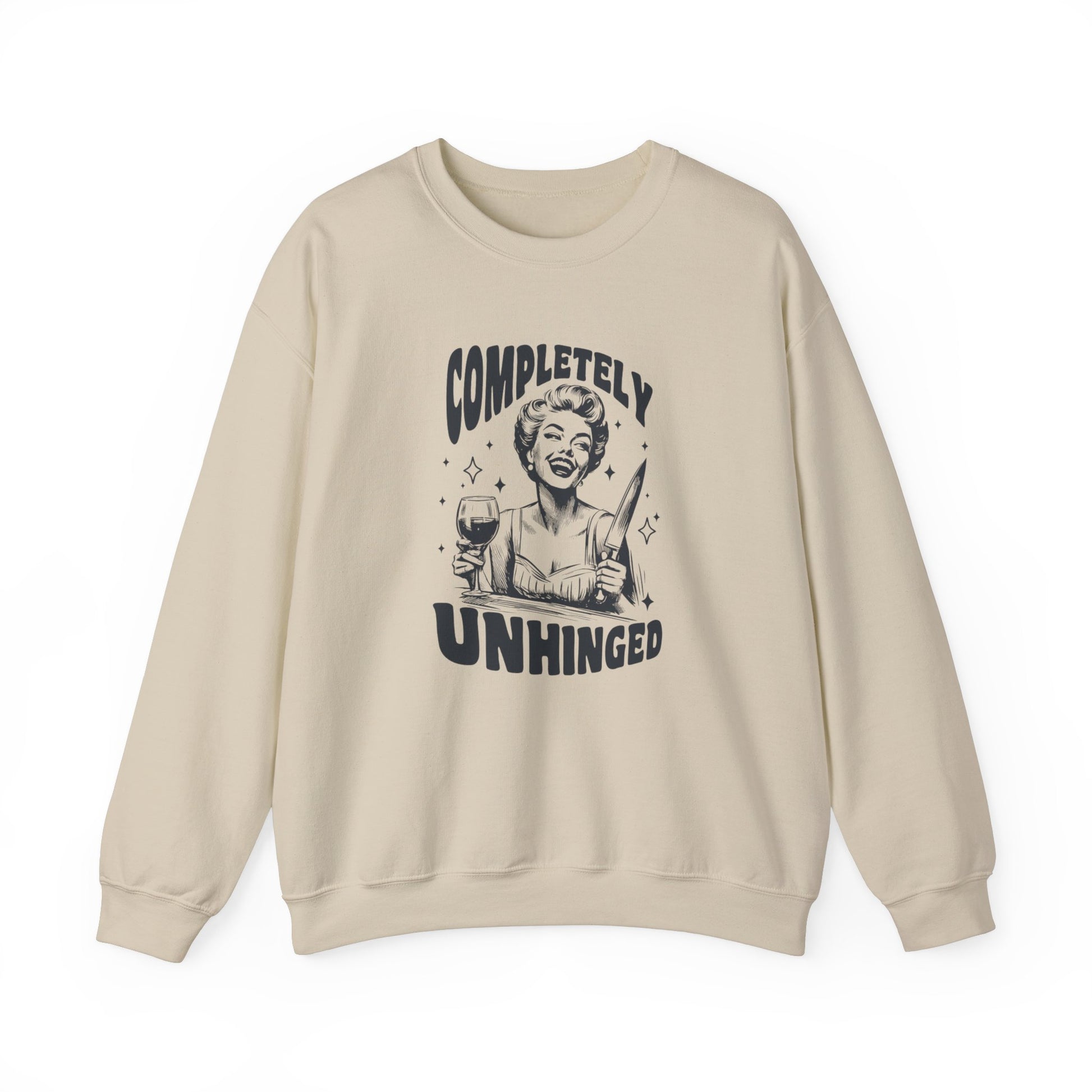 Front view of a beige sweatshirt featuring a graphic of a woman holding a knife and a glass of wine with the text "Completely Unhinged." Part of the Vivid Divergence Sensory Friendly Unisex Sweater Jumper Range.