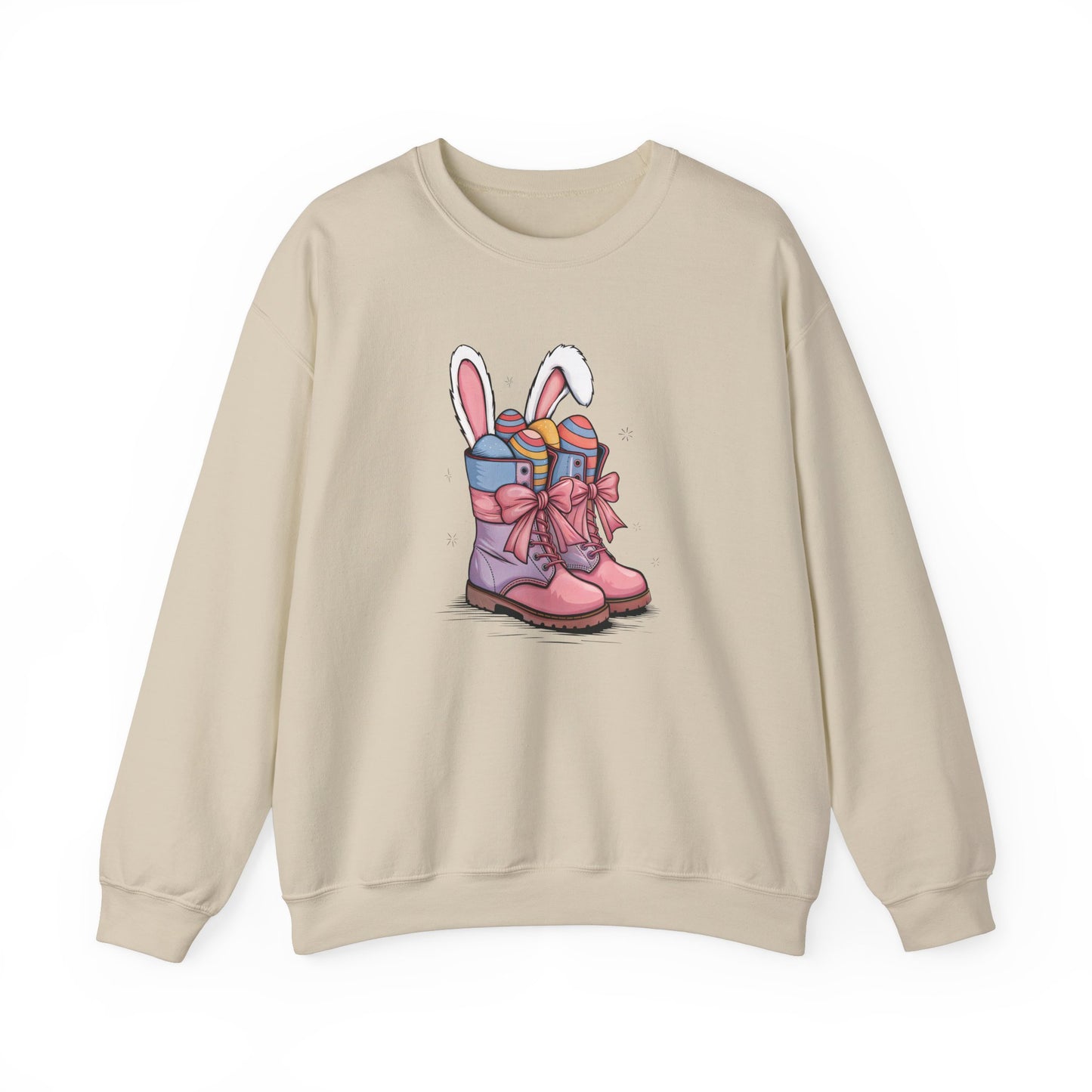 Front view of beige sweater jumper featuring pink cowgirl boots with Easter eggs and bunny ears. Part of the Vivid Divergence Sensory Friendly Unisex Sweater Jumper Range.
