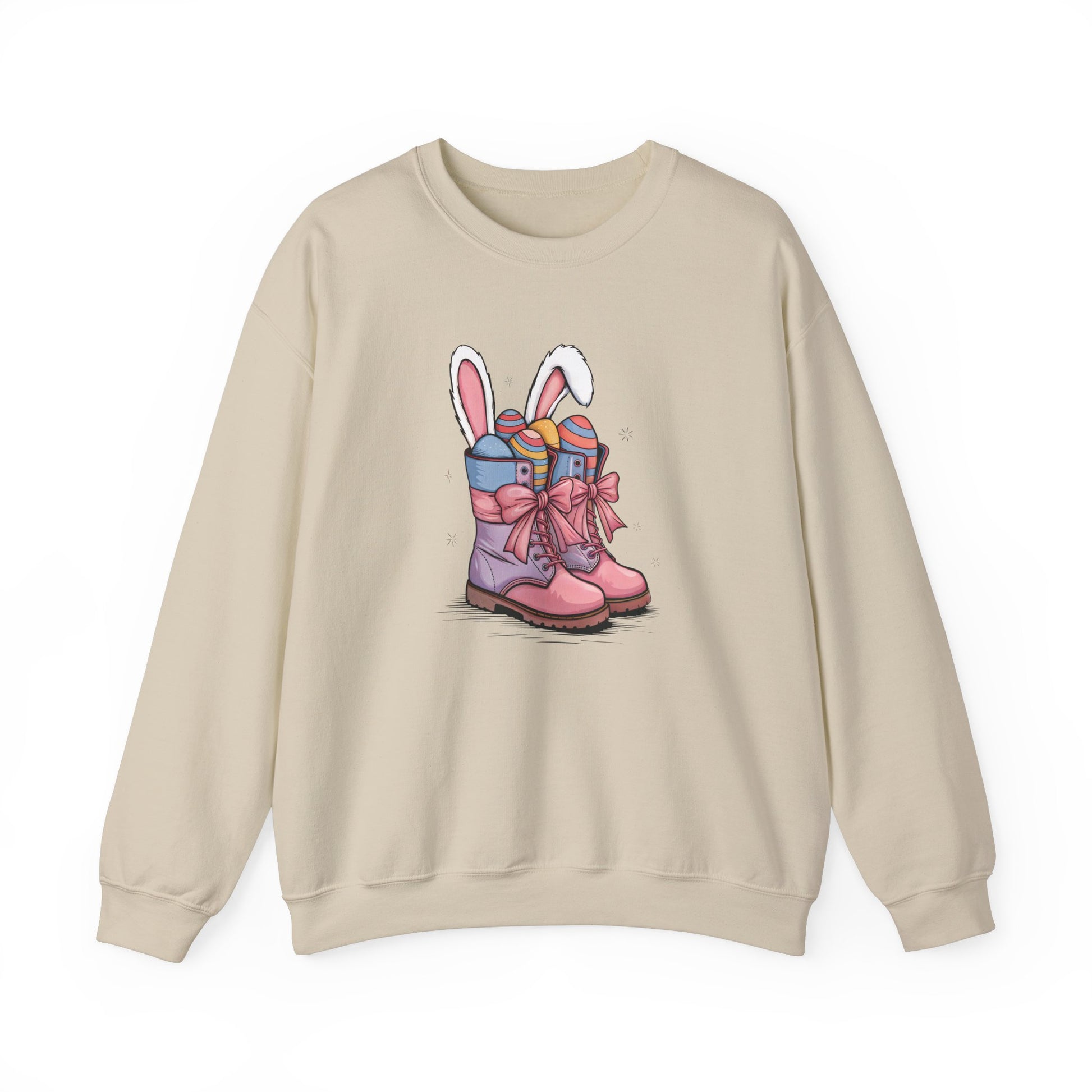 Front view of beige sweater jumper featuring pink cowgirl boots with Easter eggs and bunny ears. Part of the Vivid Divergence Sensory Friendly Unisex Sweater Jumper Range.
