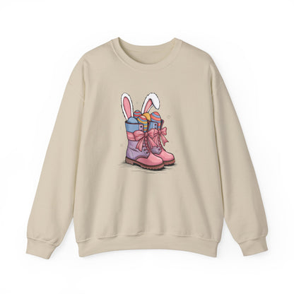 Front view of beige sweater jumper featuring pink cowgirl boots with Easter eggs and bunny ears. Part of the Vivid Divergence Sensory Friendly Unisex Sweater Jumper Range.
