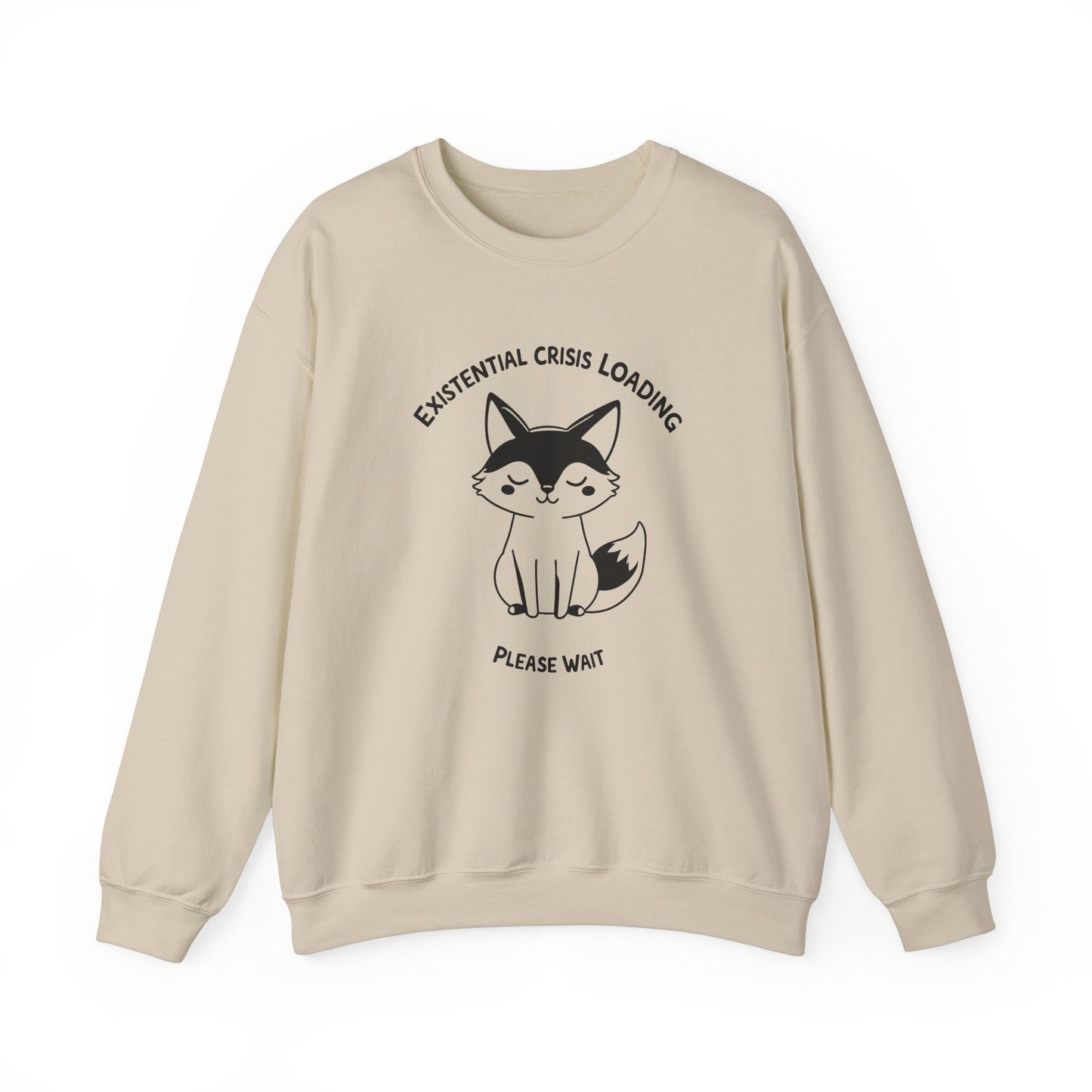 Front view of a beige sweater jumper with the text "Existential Crisis Loading, Please Wait" and a cartoon fox illustration. Part of the Vivid Divergence Sensory Friendly Unisex Sweater Jumper Range.