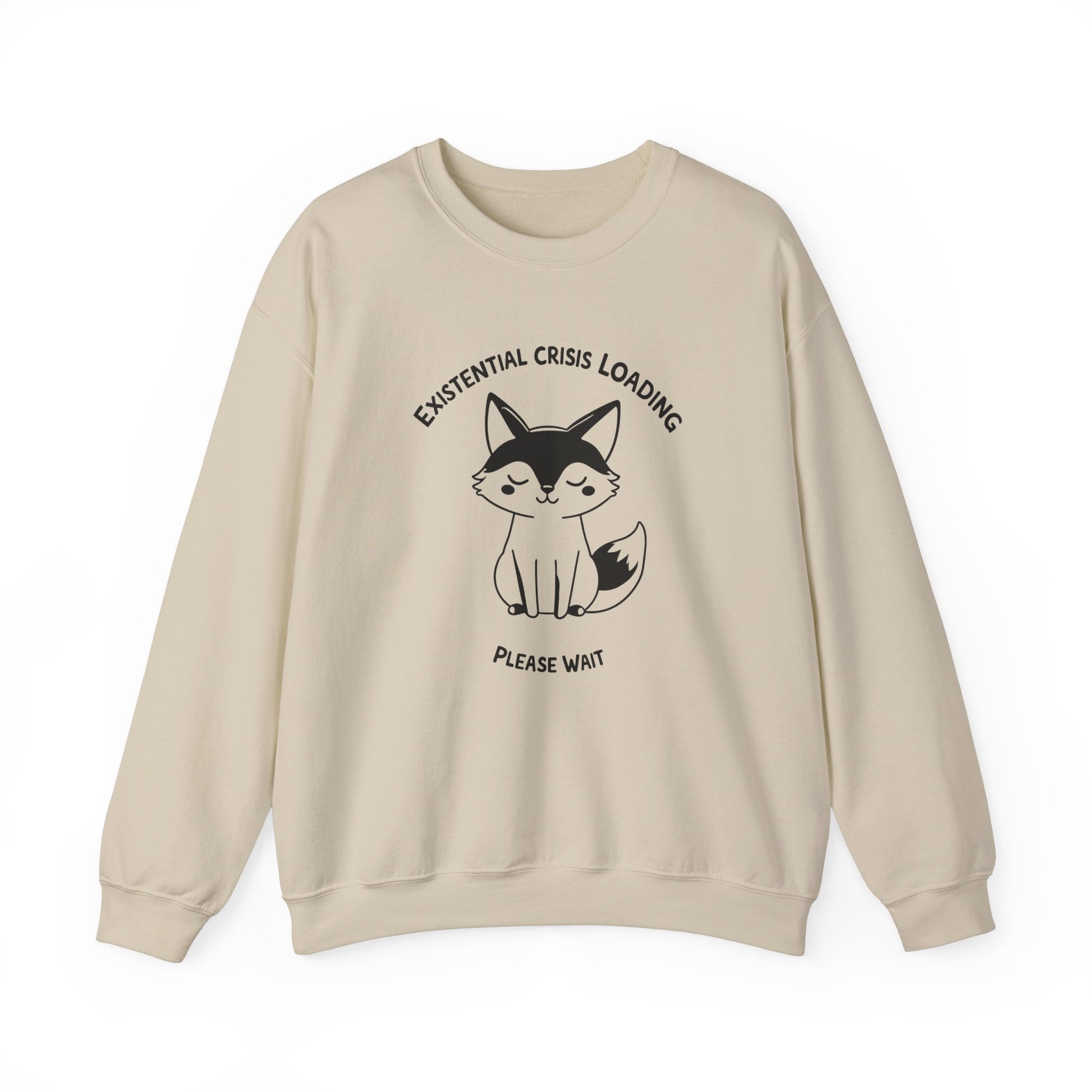Front view of a beige sweater jumper with the text "Existential Crisis Loading, Please Wait" and a cartoon fox illustration. Part of the Vivid Divergence Sensory Friendly Unisex Sweater Jumper Range.