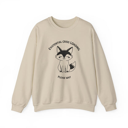Front view of a beige sweater jumper with the text "Existential Crisis Loading, Please Wait" and a cartoon fox illustration. Part of the Vivid Divergence Sensory Friendly Unisex Sweater Jumper Range.