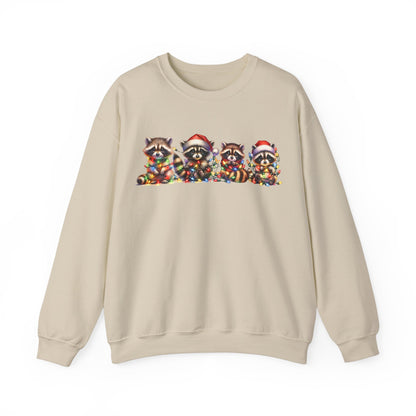 Front view of a beige sweatshirt featuring a festive illustration of raccoons in Christmas attire causing holiday chaos. Part of the Vivid Divergence Sensory Friendly Unisex Sweater Jumper Range.