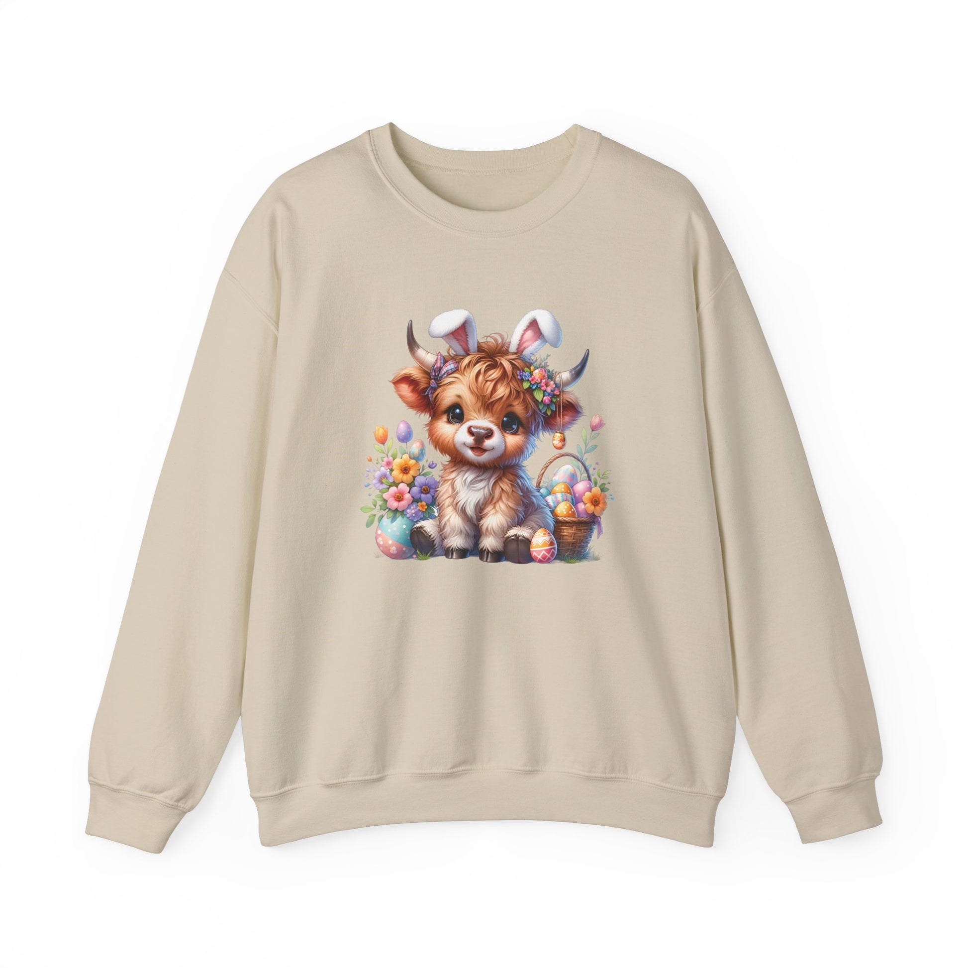Front view of beige sweater jumper with pastel Highland cow Easter print. Part of the Vivid Divergence Sensory Friendly Unisex Sweater Jumper Range.
