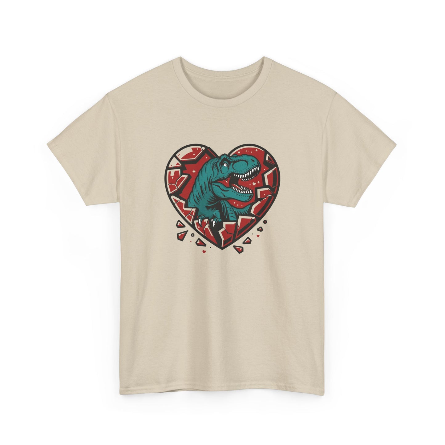Front view of a beige T-shirt featuring a green dinosaur inside a cracked red heart with small black hearts around it. Exclusive release for Valentine’s Day. Part of the Vivid Divergence Sensory Friendly Unisex Tees Range.