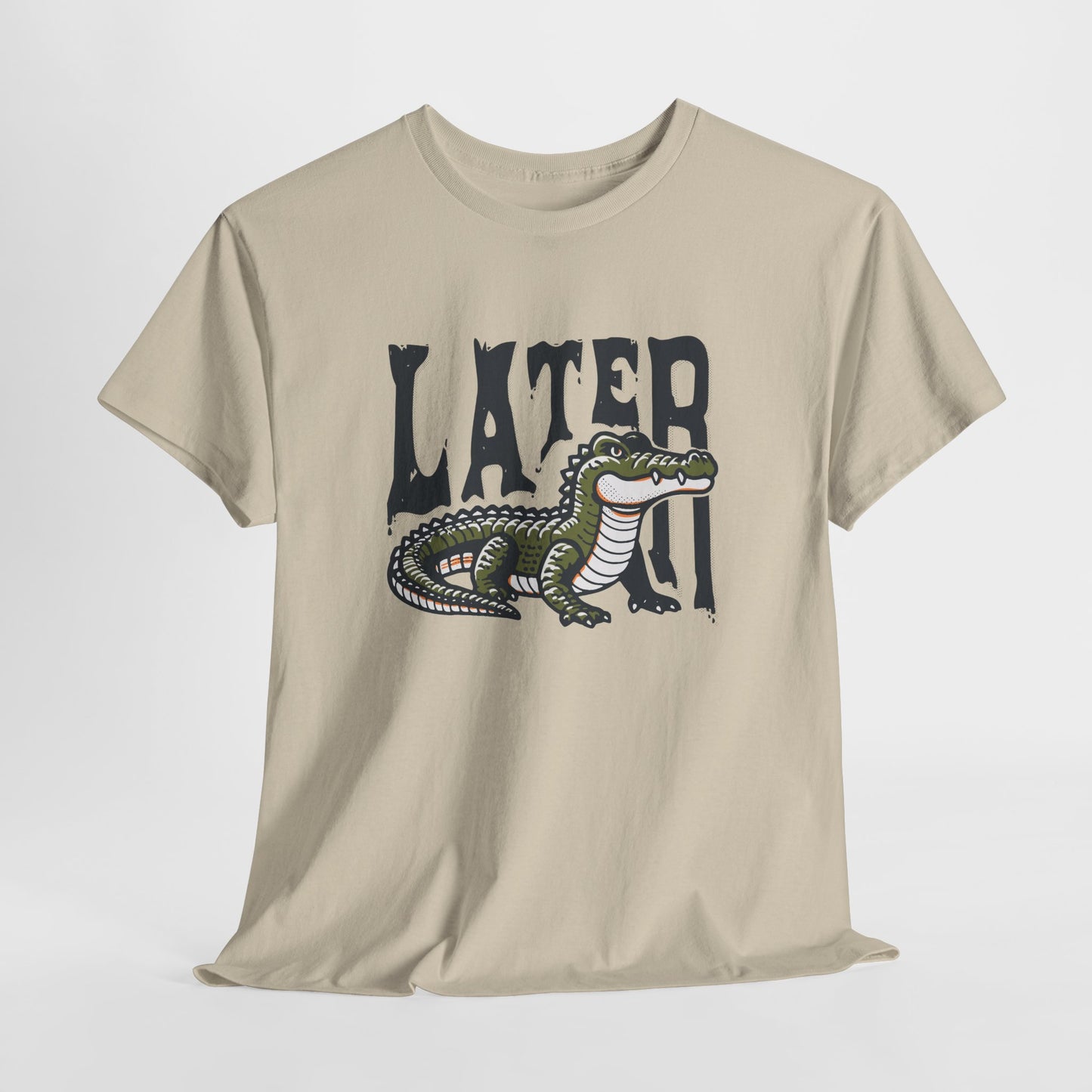 Hanging beige T-shirt featuring a "Later Alligator" design with a detailed alligator illustration. Part of the Vivid Divergence Sensory Friendly Unisex Tees Range.