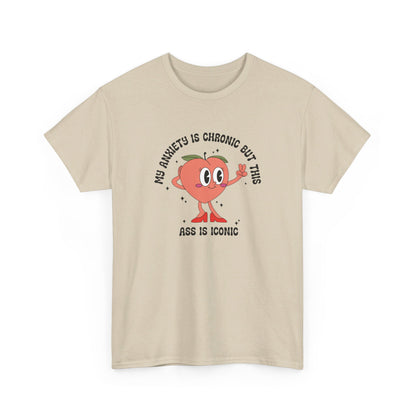 Beige T-shirt showcasing the text "My Anxiety Is Chronic But This Ass Is Iconic" with a bold graphic, displayed on a white background. Part of the Vivid Divergence Sensory Friendly Unisex Tees Range.